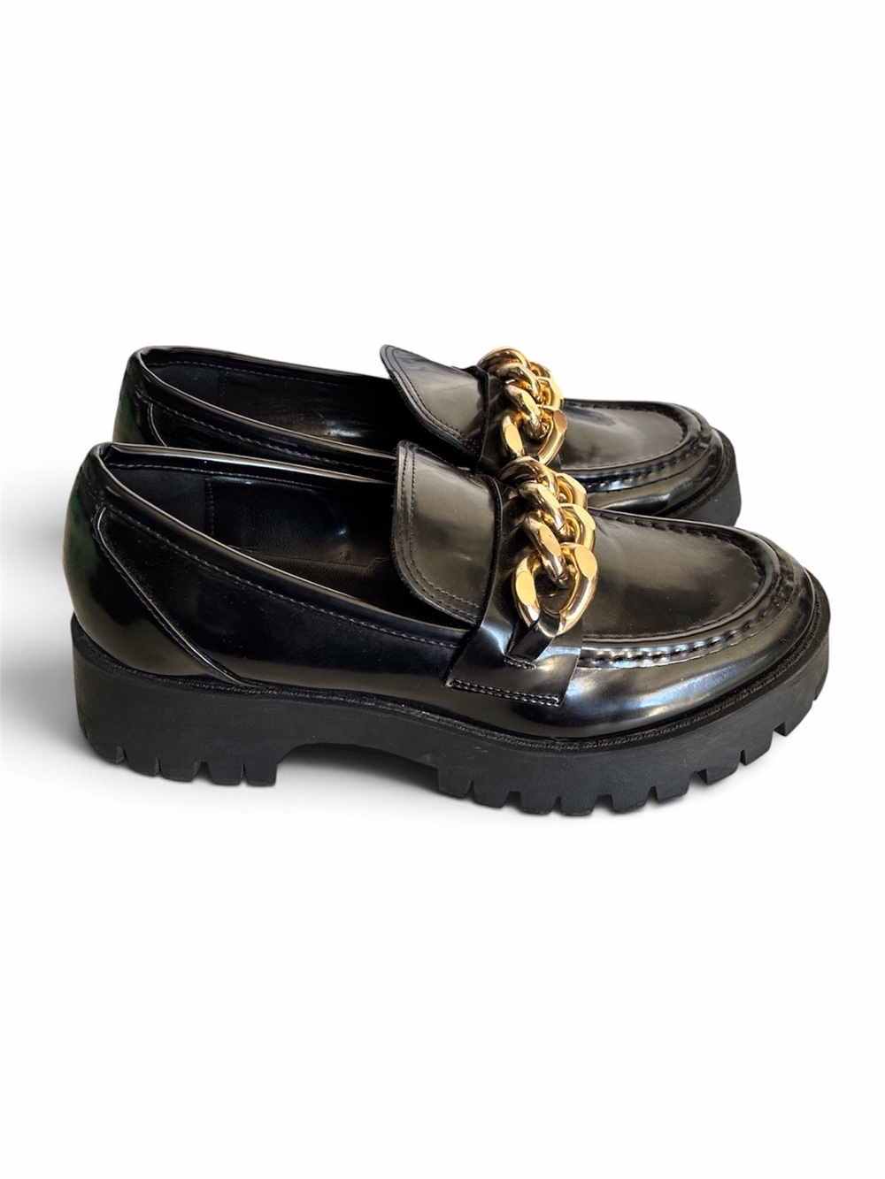 GUESS Black Patent Loafers with Gold Chain Accent - Picture 2 of 5